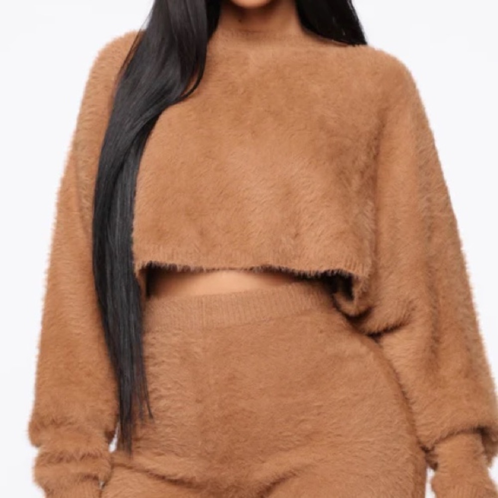 Fashion Nova Fuzzy Sherpa Sweatshirt in Camel